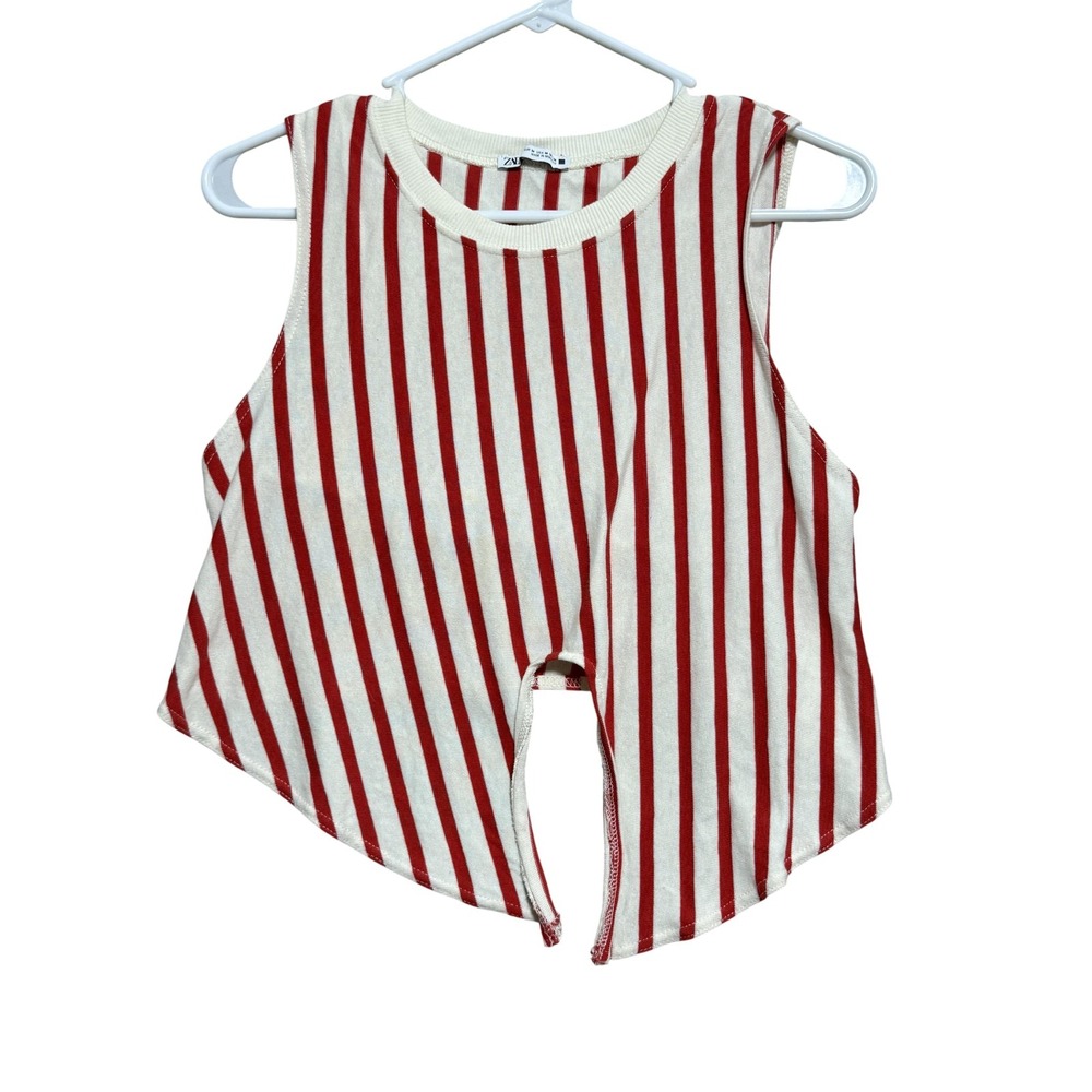 Zara Shirt Womens Medium Red White Striped Sleeveless Crop Tank Knit Split Hem